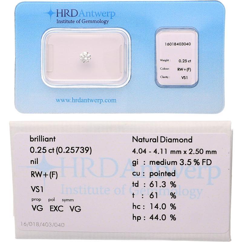 Briljant geslepen diamant, 0.25 ct, gecertificeerd.