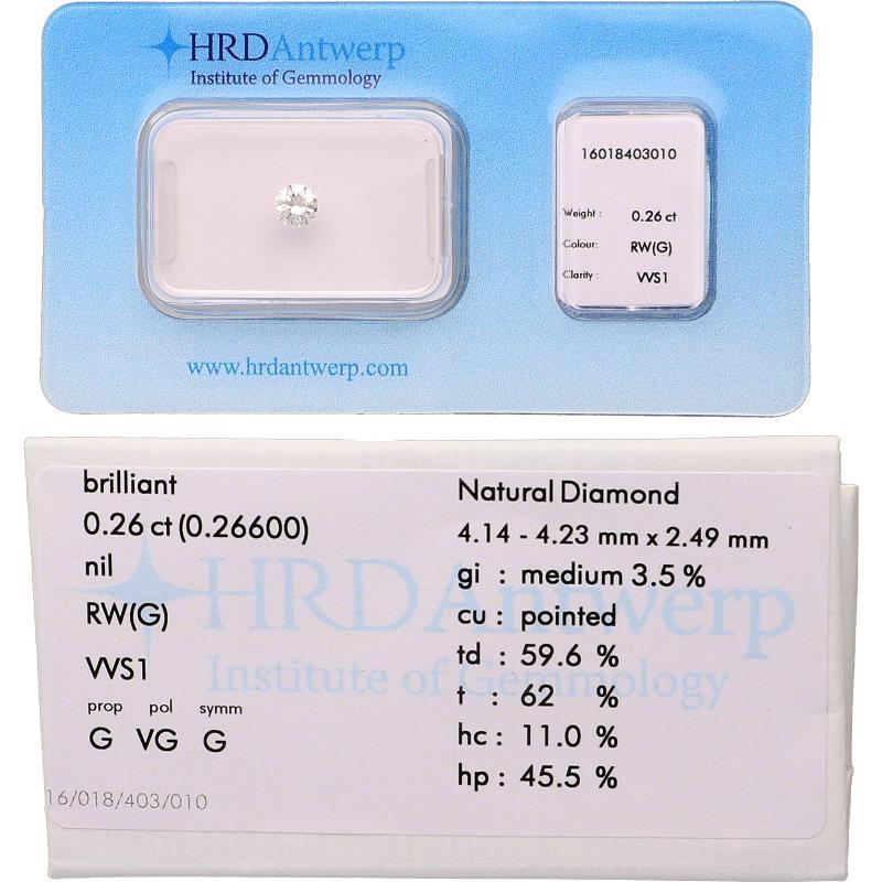Briljant geslepen diamant, 0.26 ct, gecertificeerd.