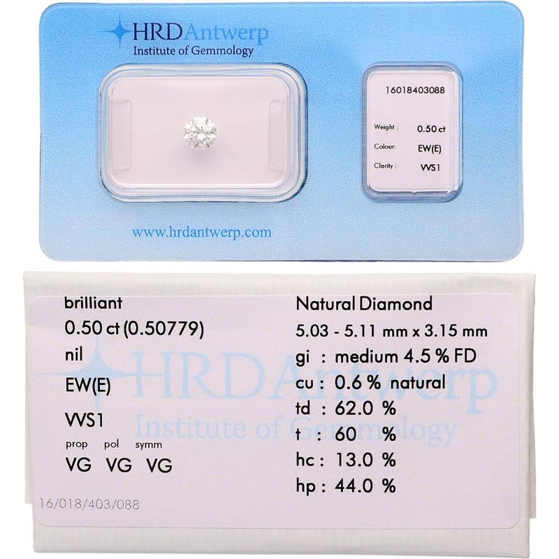Briljant geslepen diamant, 0.50 ct, gecertificeerd.