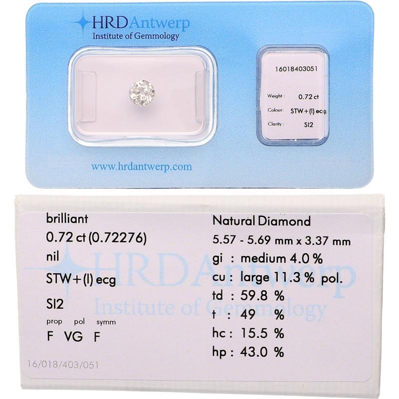 Briljant geslepen diamant, 0.72 ct, gecertificeerd.