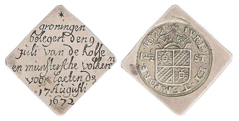 Kwart rijksdaalder van 12 1/2 stuiver (inscriptie achterzijde) Groningen 1672. Zeer Fraai / Prachtig.