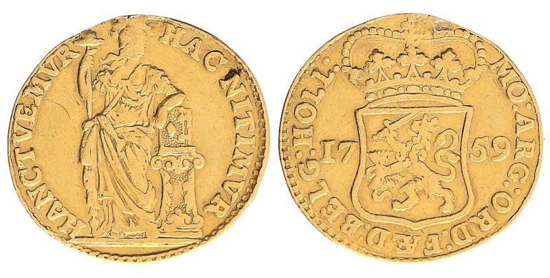 Muntmeesterpenning afslag in goud Holland 1759. Zeer Fraai.