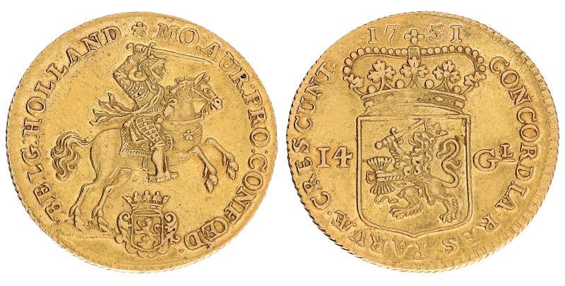 14 gulden of gouden rijder Holland 1751. Prachtig +.