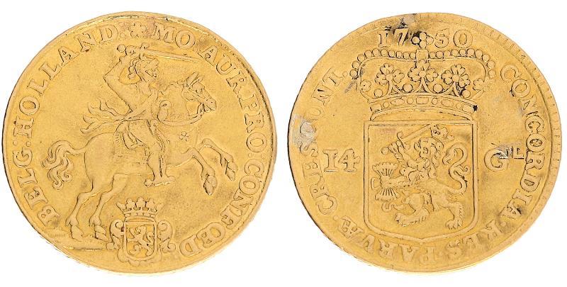 14 gulden of gouden rijder Holland 1750. Zeer Fraai + (montage).