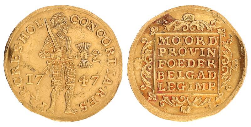 Gouden dukaat Holland 1747. Prachtig (vouwtjes).