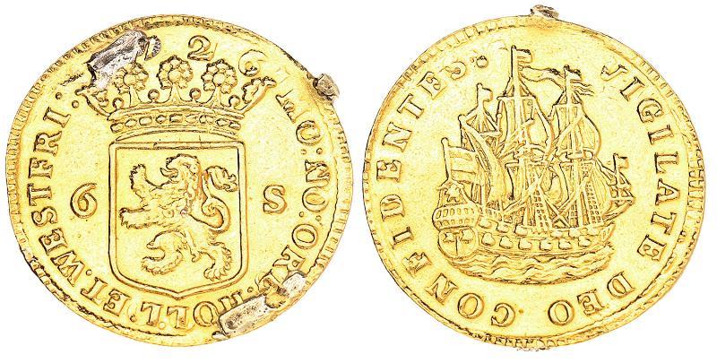 6 stuiver scheepjesschelling. Afslag in goud Holland 1726 (montage). Fraai / Zeer Fraai.