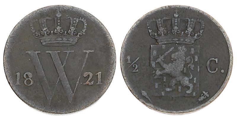 ½ cent Willem I 1821 U. Fraai / Zeer Fraai.