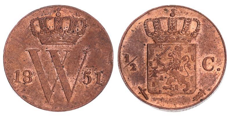 ½ cent Willem III 1851. FDC.