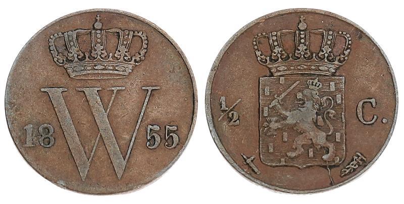½ cent Willem III 1855. Zeer Fraai +.