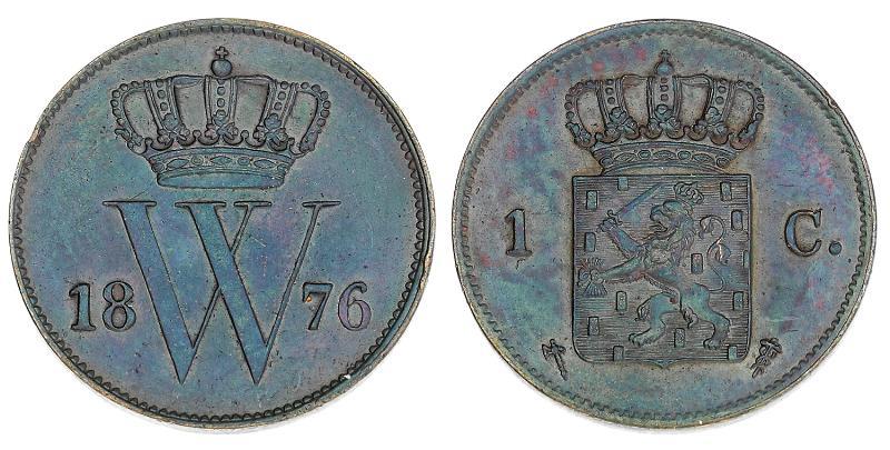 1 cent Willem III 1876 patina. FDC.