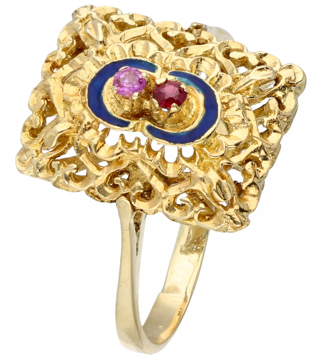 Geelgouden open gewerkte vintage ring, met robijn en blauwe emaille - 14 kt.