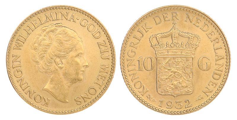 10 gulden goud Wilhelmina 1932. FDC.