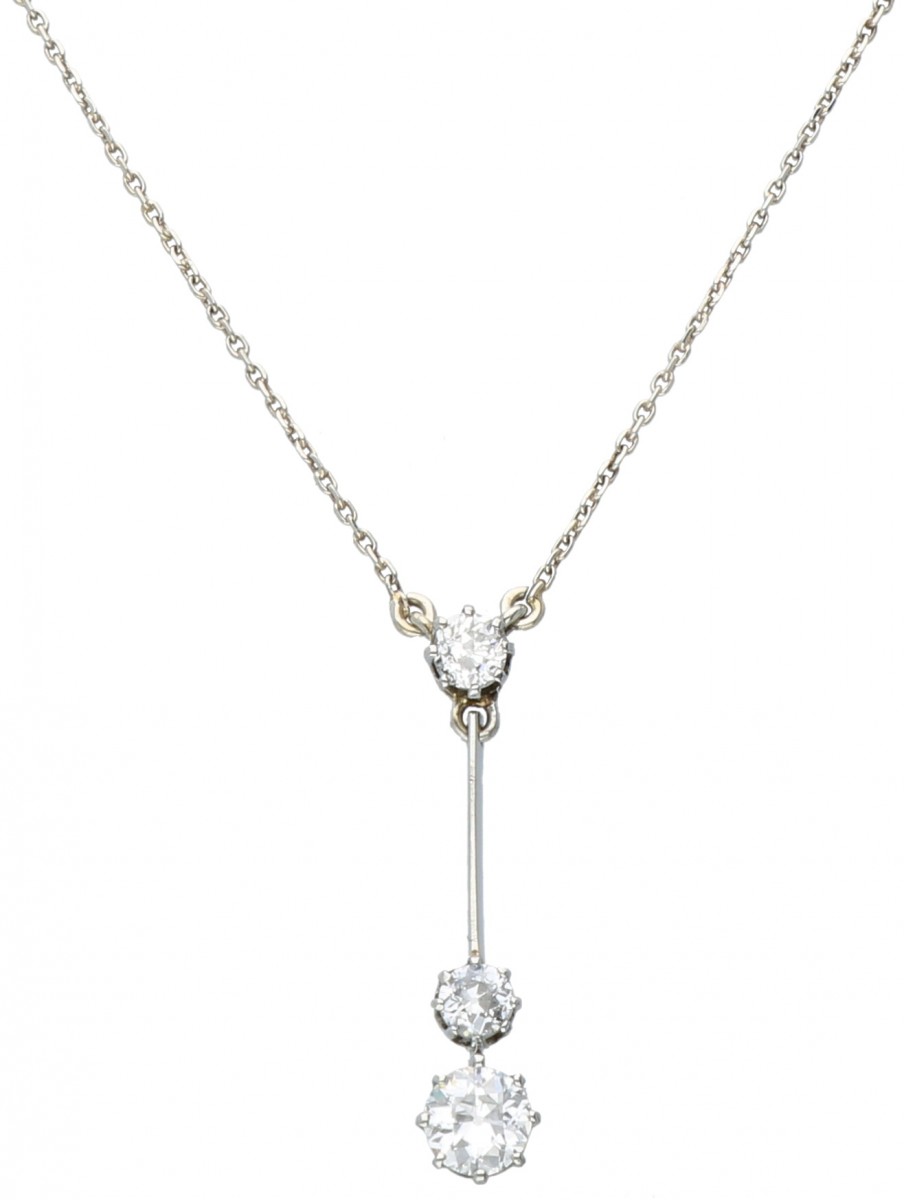 Witgouden collier met hanger bezet met ca. 0.56 ct. diamant - 14 kt.