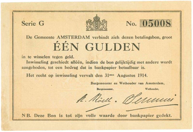 Noodgeld 1ste W.O. 1 gulden. Amsterdam. Type 1914. - Zeer Fraai.