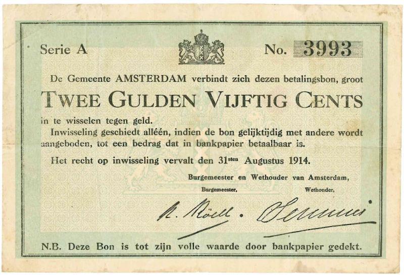 Noodgeld 1ste W.O. 2½ gulden. Amsterdam. Type 1914. - Fraai +.