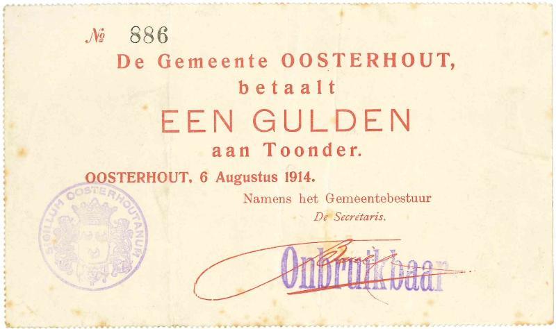 Noodgeld 1ste W.O. 1 gulden. Oosterhout. Type 1914. - Zeer Fraai.