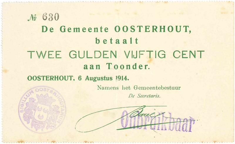 Noodgeld 1ste W.O. 2½ gulden. Oosterhout. Type 1914. - Zeer Fraai.
