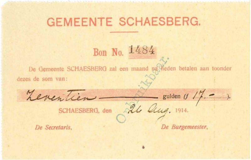 Noodgeld 1ste W.O. 17 gulden. Schaesberg. Type 1914. - Zeer Fraai +.