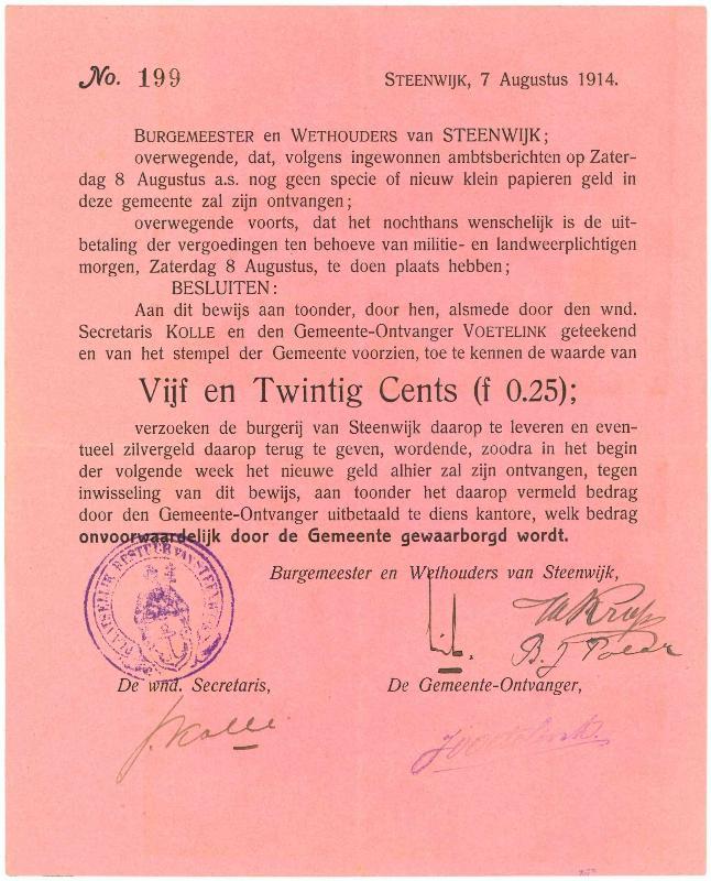 Noodgeld 1ste W.O. 25 cent. Steenwijk. Type 1914. - Zeer Fraai - Prachtig.