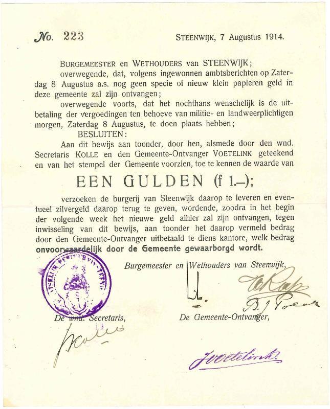 Noodgeld 1ste W.O. 1 gulden. Steenwijk. Type 1914. - Zeer Fraai - Prachtig.