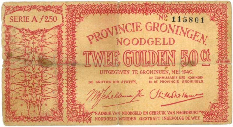 Noodgeld 2de W.O. 2½ gulden. Groningen. Type 1940. - Fraai +.