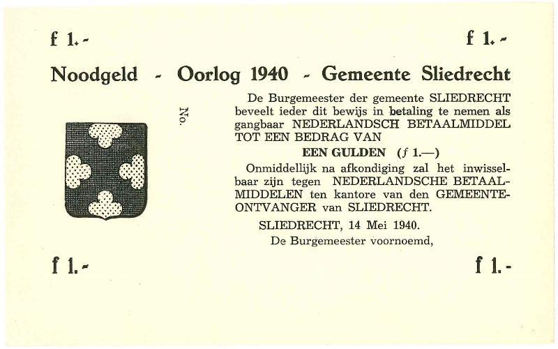 Noodgeld 2de W.O. 1 gulden. Sliedrecht. Type 1940. - UNC.