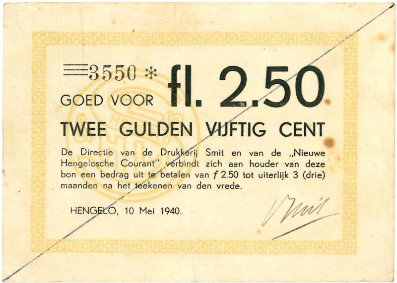 Noodgeld 2de W.O. / bedrijven. 2½ gulden. Hengelo. Type 1940. - Zeer Fraai +.