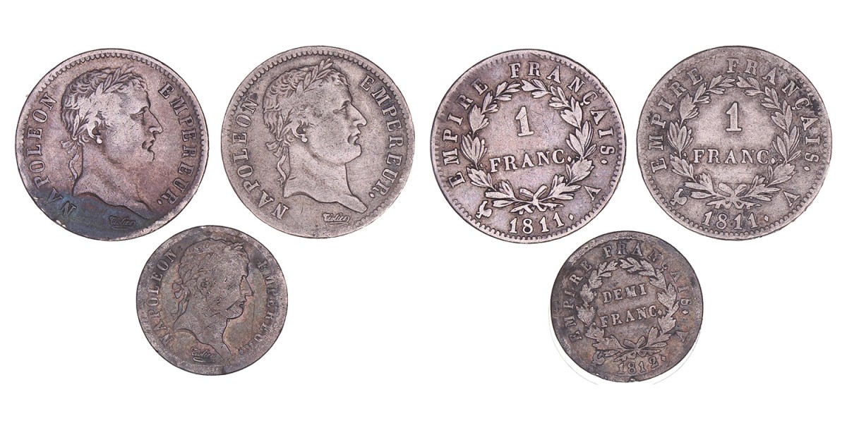 France. Napoleon. Lot (3) ½ Franc and Francs. 1811 A / 1812 A.