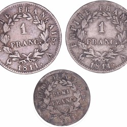 France. Napoleon. Lot (3) ½ Franc and Francs. 1811 A / 1812 A.