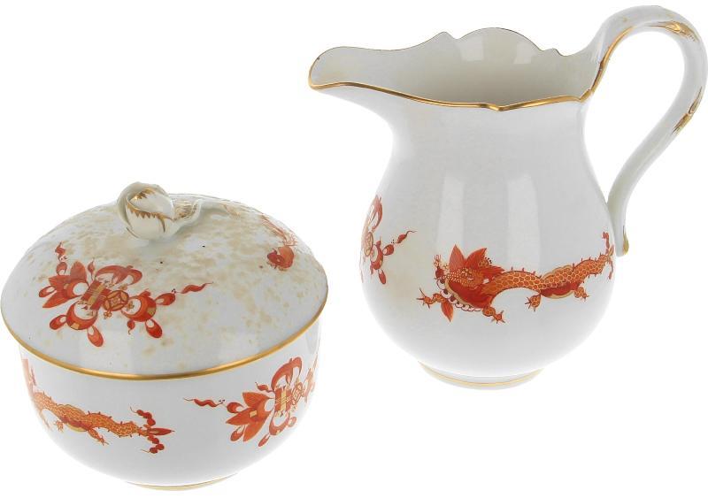 Meissen "Rich court Dragon red" suikerpot en melkkannetje (2 dlg)