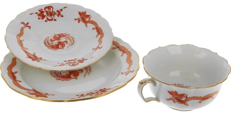 Meissen "Rich court Dragon red" koffie kop met schoteltjes (3 dlg)