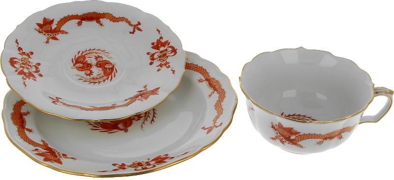 Meissen "Rich court Dragon red" koffie kop met schoteltjes (3 dlg)