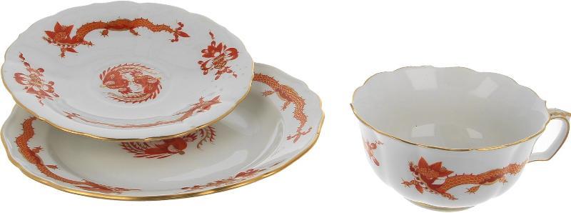 Meissen "Rich court Dragon red" koffie kop met schoteltjes (3 dlg)