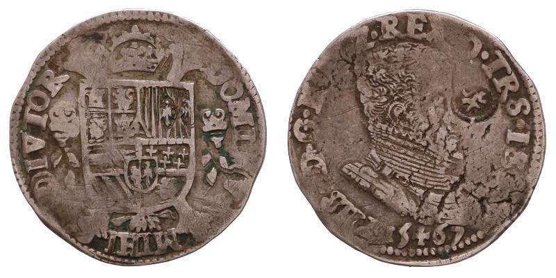 Overijssel. Philips II. 1/5 Philipsdaalder 1567 met klop voor het gezicht.