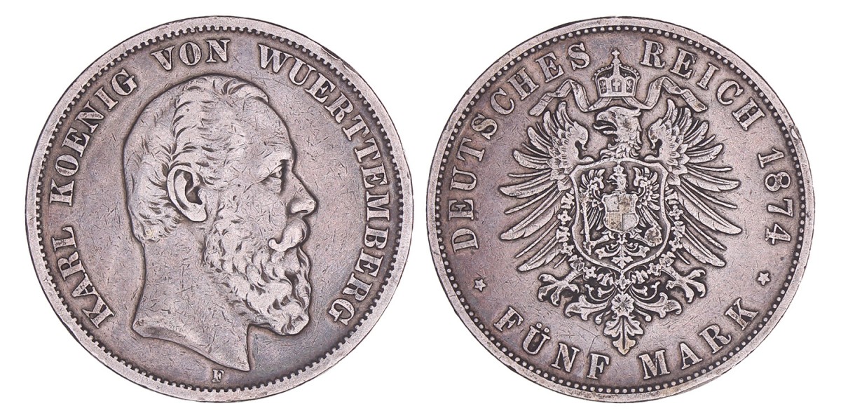 German states. Württemberg. Karl I. 5 Mark. 1874 F.