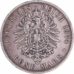 German states. Württemberg. Karl I. 5 Mark. 1874 F.