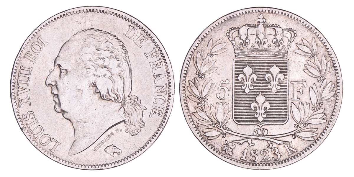 France. Louis XVIII. 5 Francs. 1823 K.