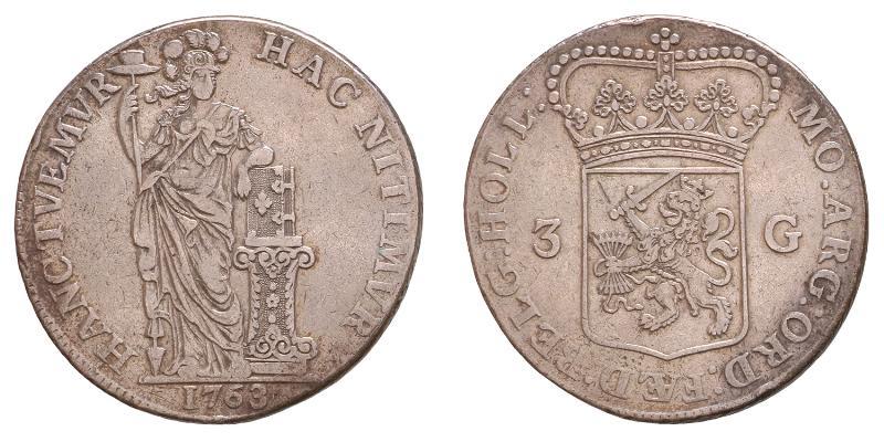 3 gulden Holland 1763. Zeer Fraai.