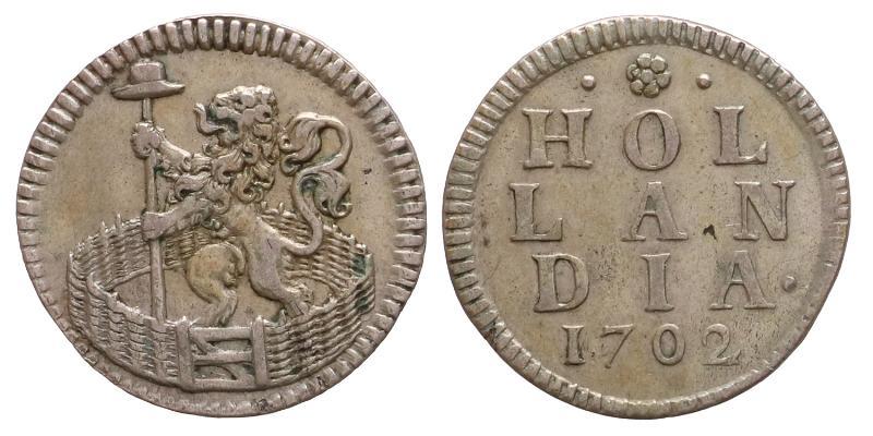 Duit (afslag in zilver) Holland 1702. Zeer Fraai / Prachtig.