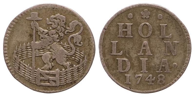 Afslag zilveren duit Holland 1748. Zeer Fraai.
