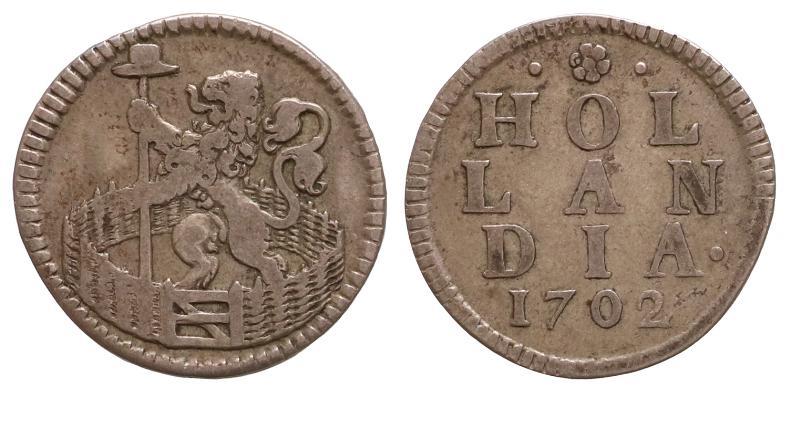 Duit (afslag in zilver) Holland 1702. Zeer Fraai +.