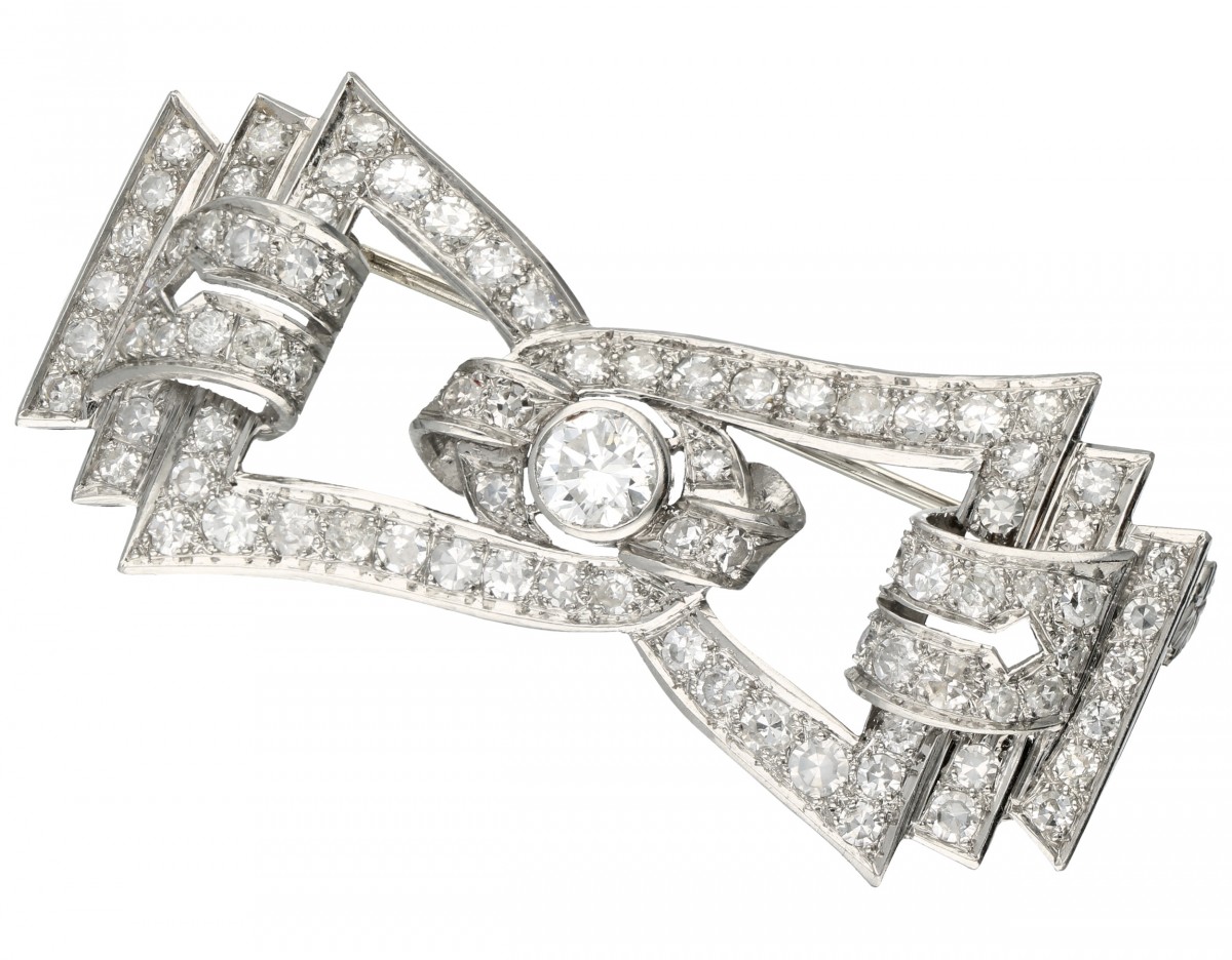 Platina strikvormige broche, met ca. 1.95 ct. diamant - Pt. 900.