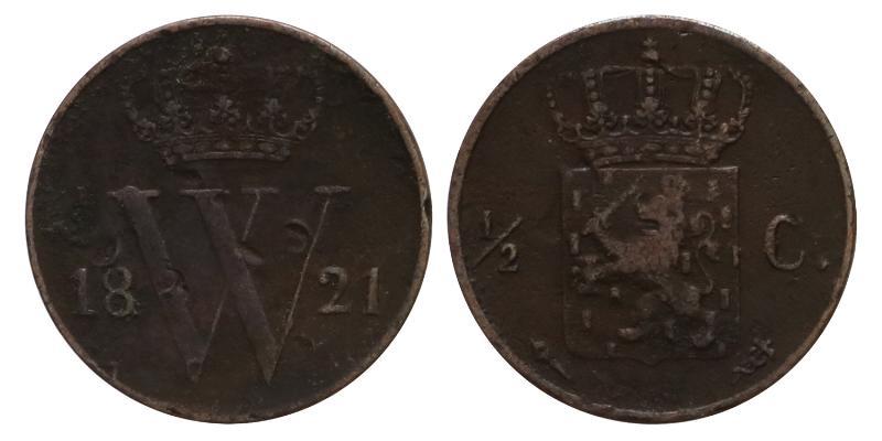 ½ cent Willem I 1821 U. Fraai / Zeer Fraai.
