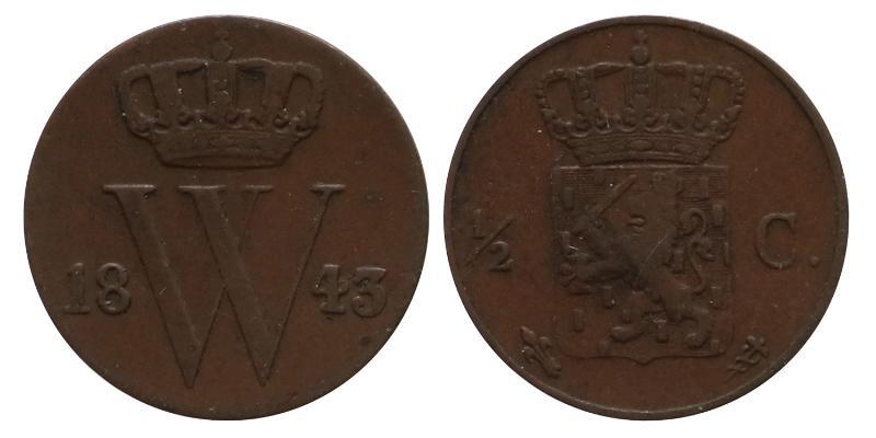 ½ cent Willem II 1843. Zeer Fraai.