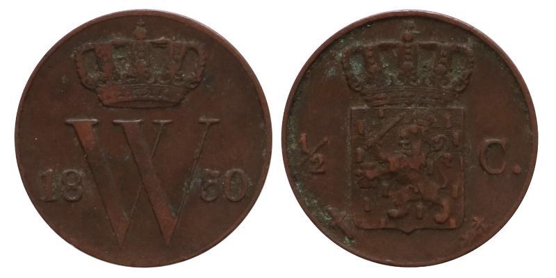 ½ cent Willem III 1850. Zeer Fraai +.