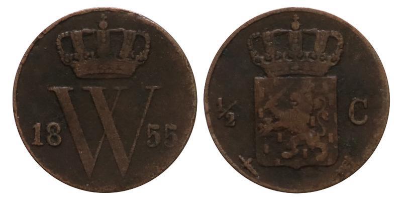 ½ cent Willem III 1855. Fraai / Zeer Fraai.
