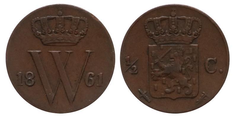 ½ cent Willem III 1861. Zeer Fraai.