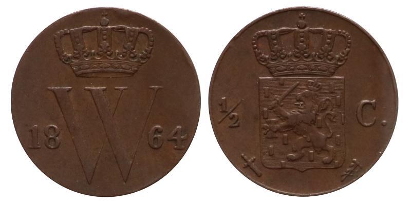 ½ cent Willem III 1864. Prachtig.