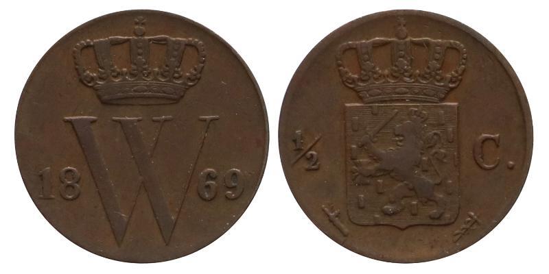 ½ cent Willem III 1869. Zeer Fraai +.