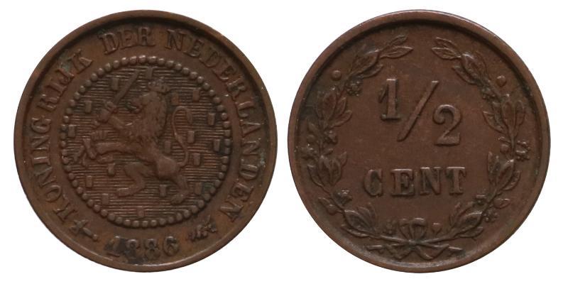½ cent Willem III 1886. Zeer Fraai / Prachtig.